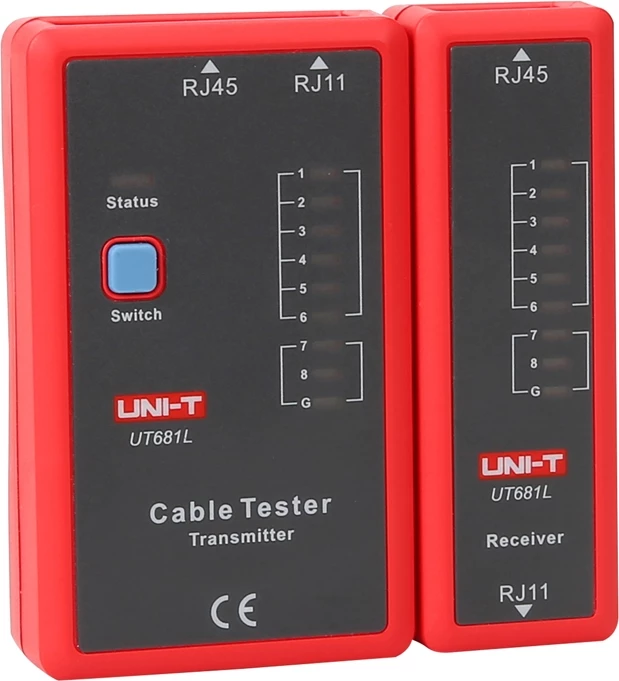 Tester kabllosh rrjeti/telefoni, UNI-T UT681L, RJ45/RJ11, LED, modalitet i shpejtë/ngadalshëm, bateri 9V, set transmetues + pranues, kuq-gri