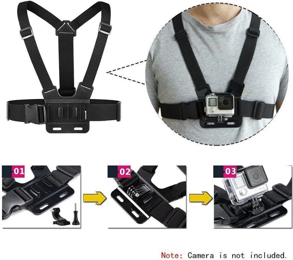 Mbajtës gjoksi për kamera sportive, Hurtel, 360° tripod rrotullues, qëndrim telefoni, i rregullueshëm, e zezë