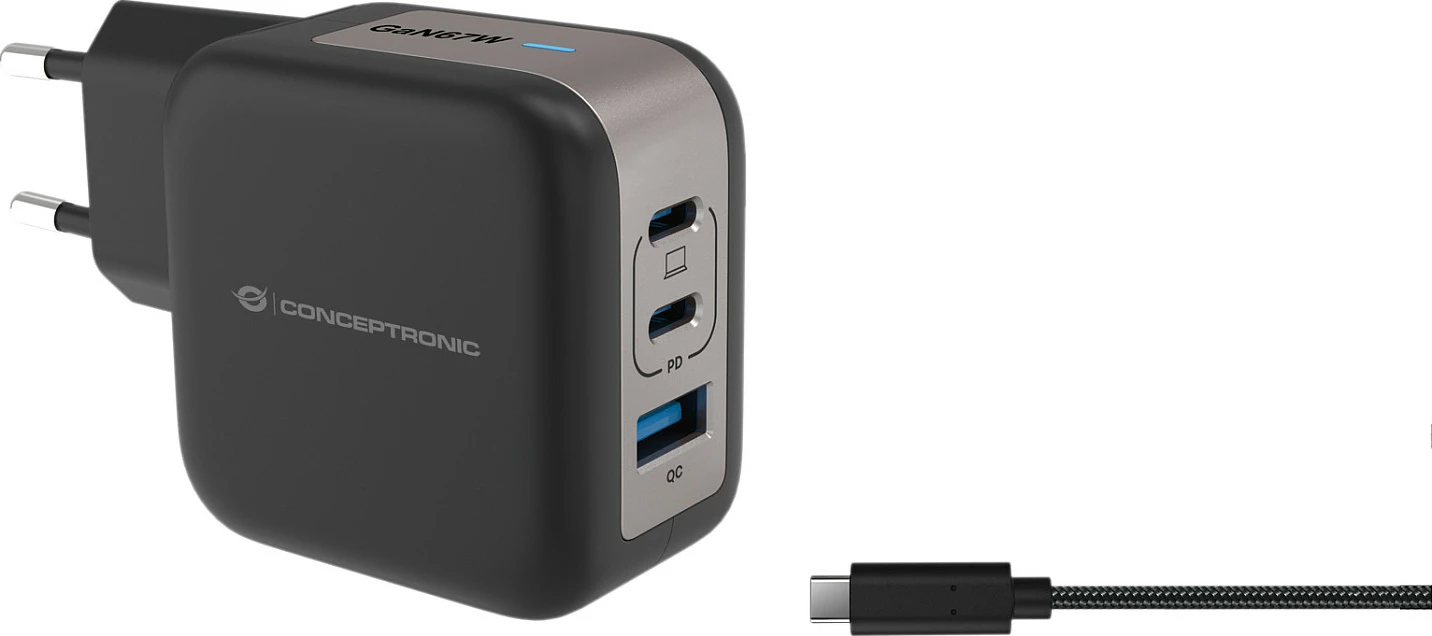 Karikues USB-C Conceptronic 67W GaN, 3 porta (2x USB-C PD, 1x USB-A QC), kabllo USB-C 1.5m, i zi