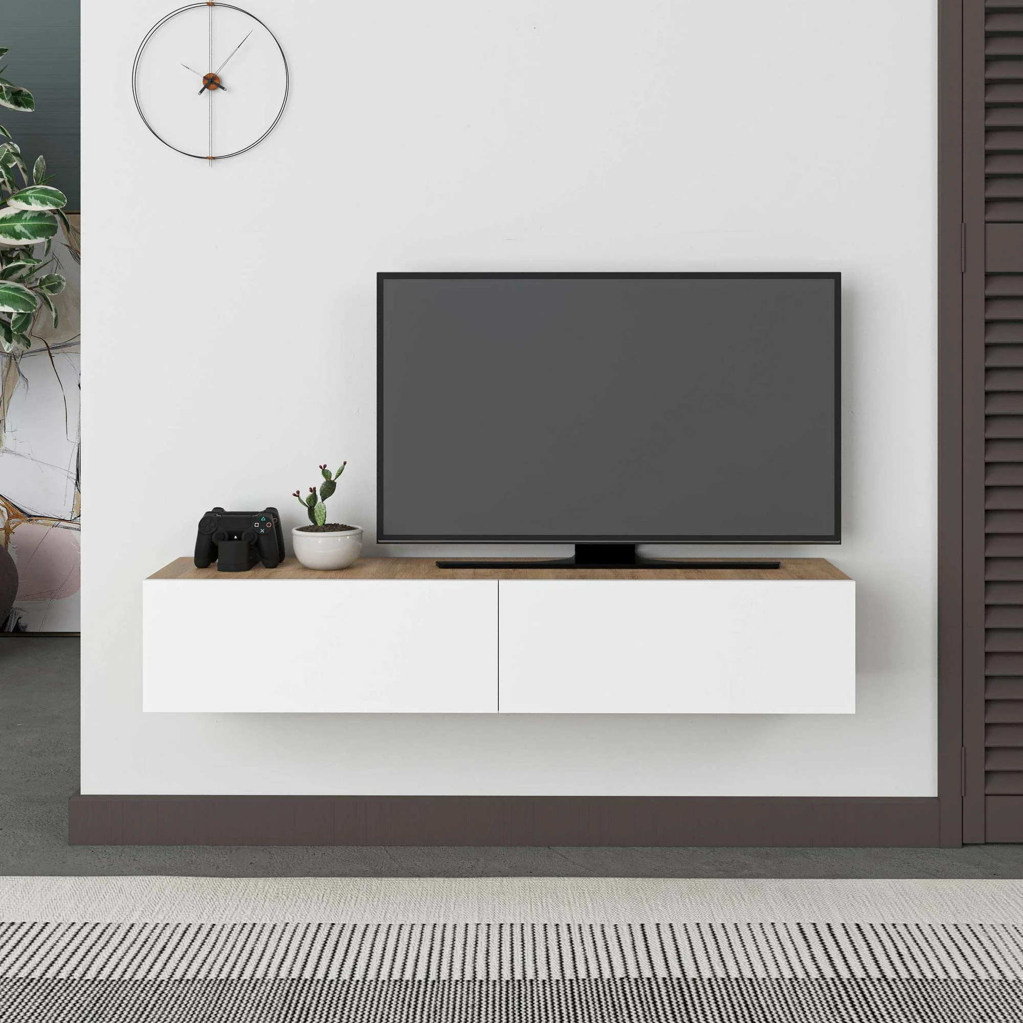 Komodë TV Francy 135, ngjyrë lis safir dhe e bardhë, Skye Decor