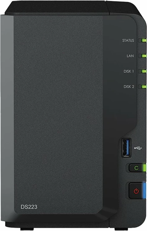 NAS Synology DiskStation DS223, 2-bay 3.5\" SATA HDD/SSD, 2 GB DDR4, 1GbE, 3x USB 3.2 Gen 1, i zi