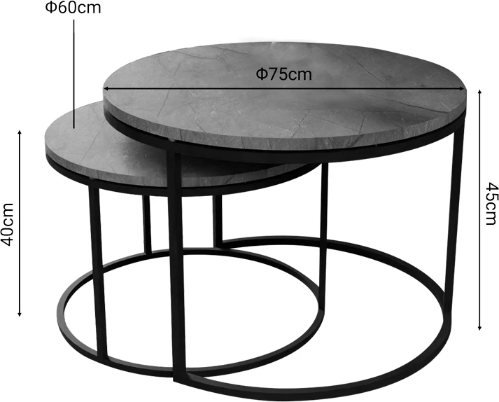 Tavolina kafeje Solme set 2 copë mermer gri melaminë-metal i zi
