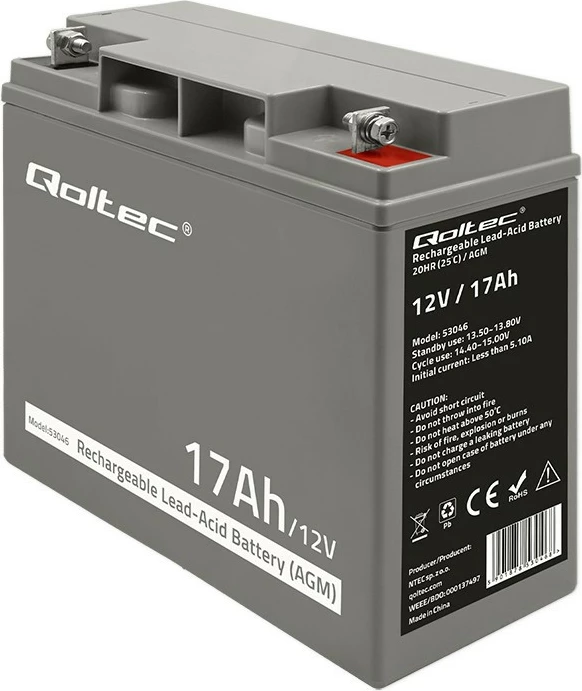 Bateri AGM Qoltec 53046, 12V, 17Ah, Gri