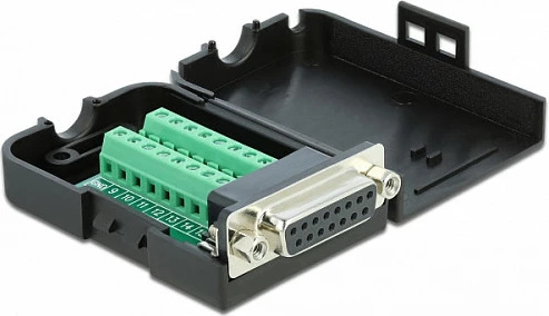 Adapter terminal bllok DeLOCK Sub-D15 femër në terminal bllok 16-pin, me kasë, i zi