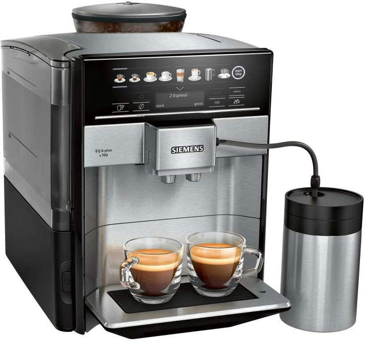 makinë kafeje automatike Siemens EQ.6 plus s700 TE657M03DE, 19 bar, rezervuar uji 1.7–2.1 L, për kokrra kafeje, e zezë/argjendtë