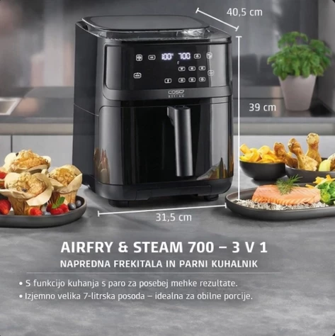 Fritezë me ajër të nxehtë me avull CASO AirFry & Steam 700, 7 L, 1700 W, e zezë