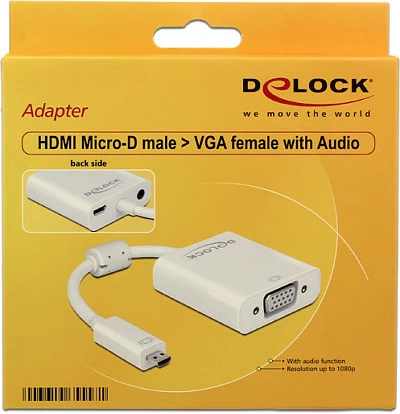 Adapter DeLOCK 65557 Micro HDMI në VGA, 1080p, me audio 3.5mm, i bardhë