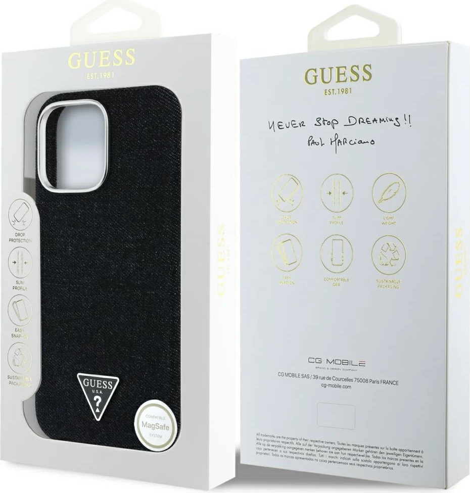 Mbështjellës Guess Denim Triangle Logo MagSafe për iPhone 16 Pro Max, Zi