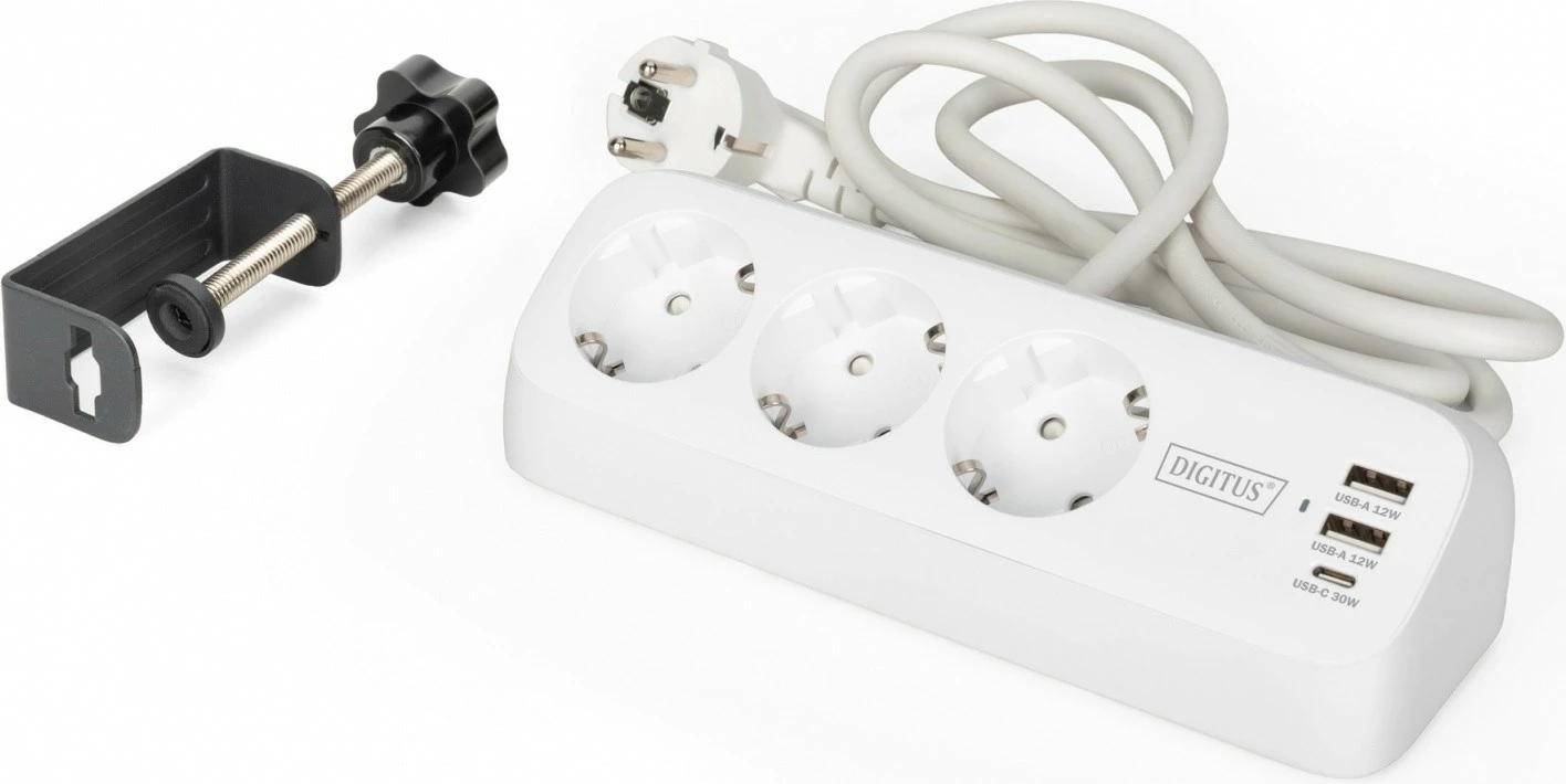 Zgjatues tavoline, Digitus DA-70626, 3 prize Schuko + 2x USB-A 12W + USB-C 30W, kapëse për tavolinë, kabllo 1.5m, e bardhë