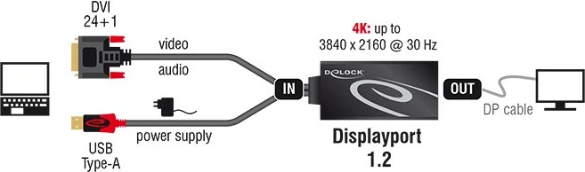 Adapter DeLOCK DVI në DisplayPort 1.2, 0.3m, 4K, i zi