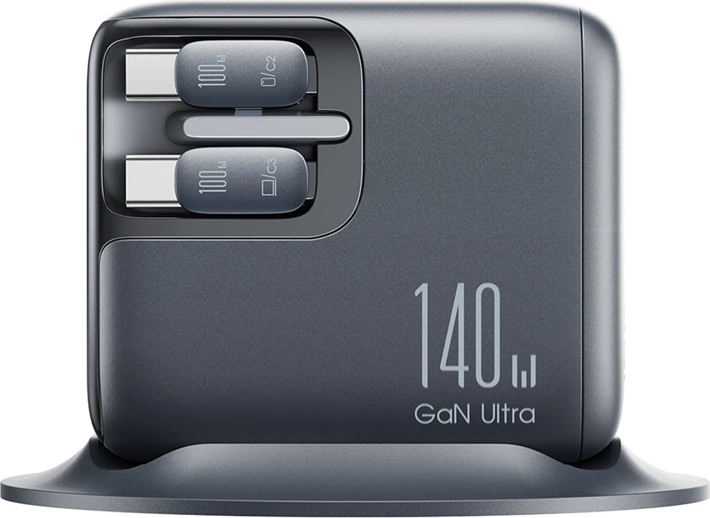 Karikues tavoline GaN, Joyroom Podix JR-TRD01, 140W, 5 porta me dy kabllo USB-C tërheqëse, gri