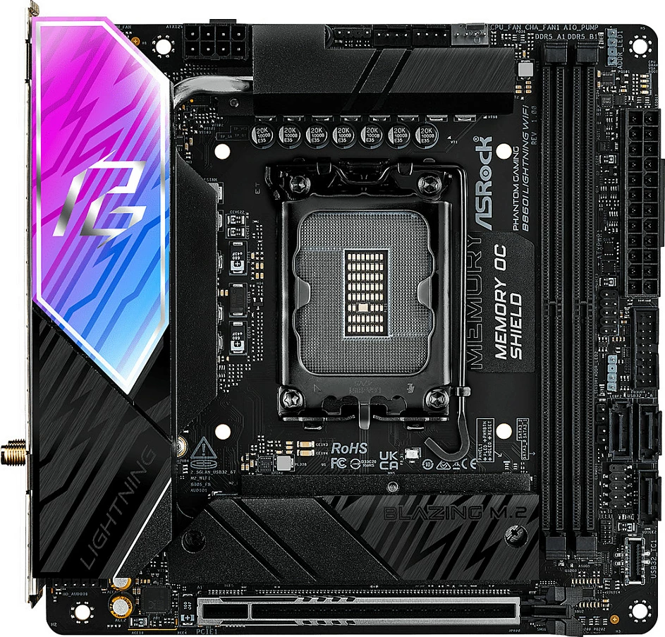 Pllakë amë ASRock Phantom Gaming B860I Lightning WiFi, LGA1851, mini-ITX, DDR5, Wi‑Fi 6E, e zezë