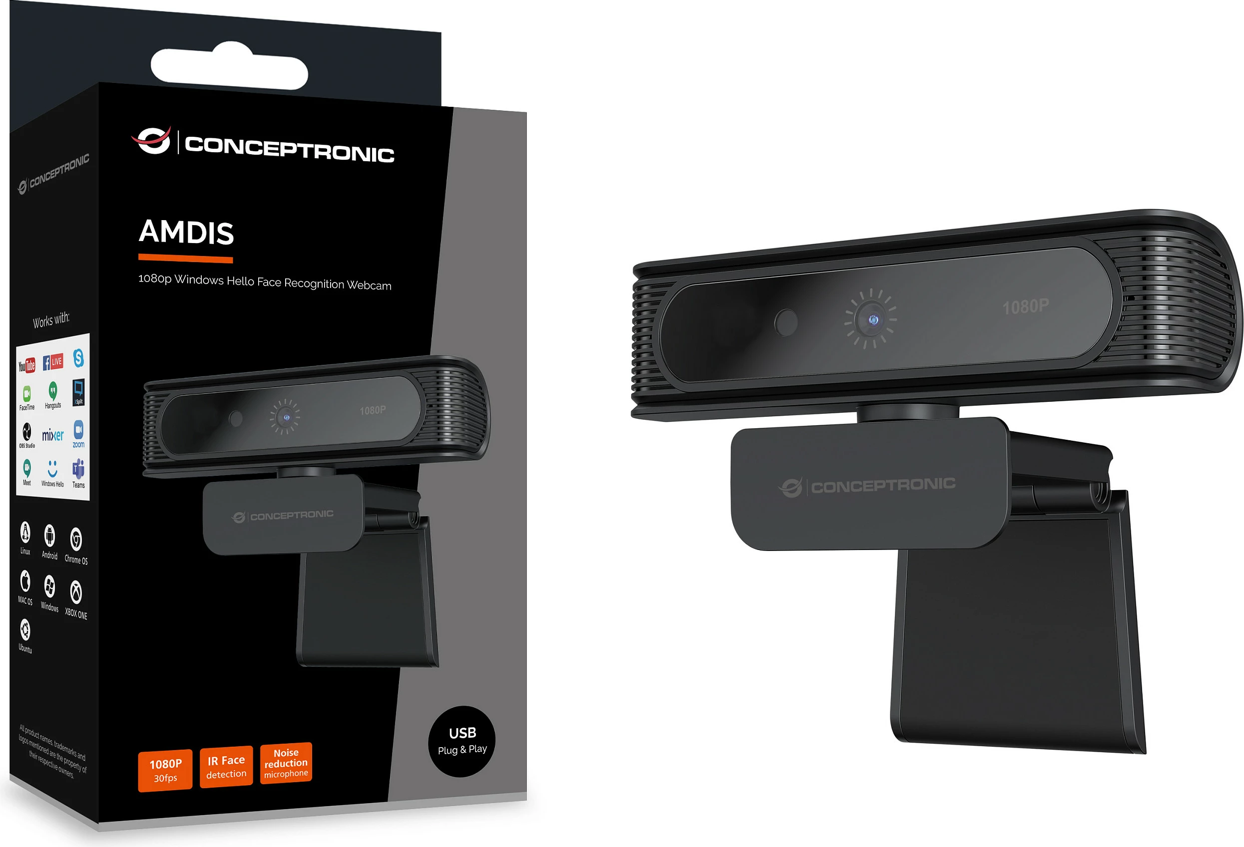 Webcam Conceptronic AMDIS09B, Full HD 1080p, Windows Hello, USB, 80°, e zezë