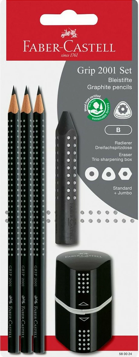 Set lapsash grafit Faber-Castell GRIP 2001, B, me gomë dhe mprehës, zi/gri