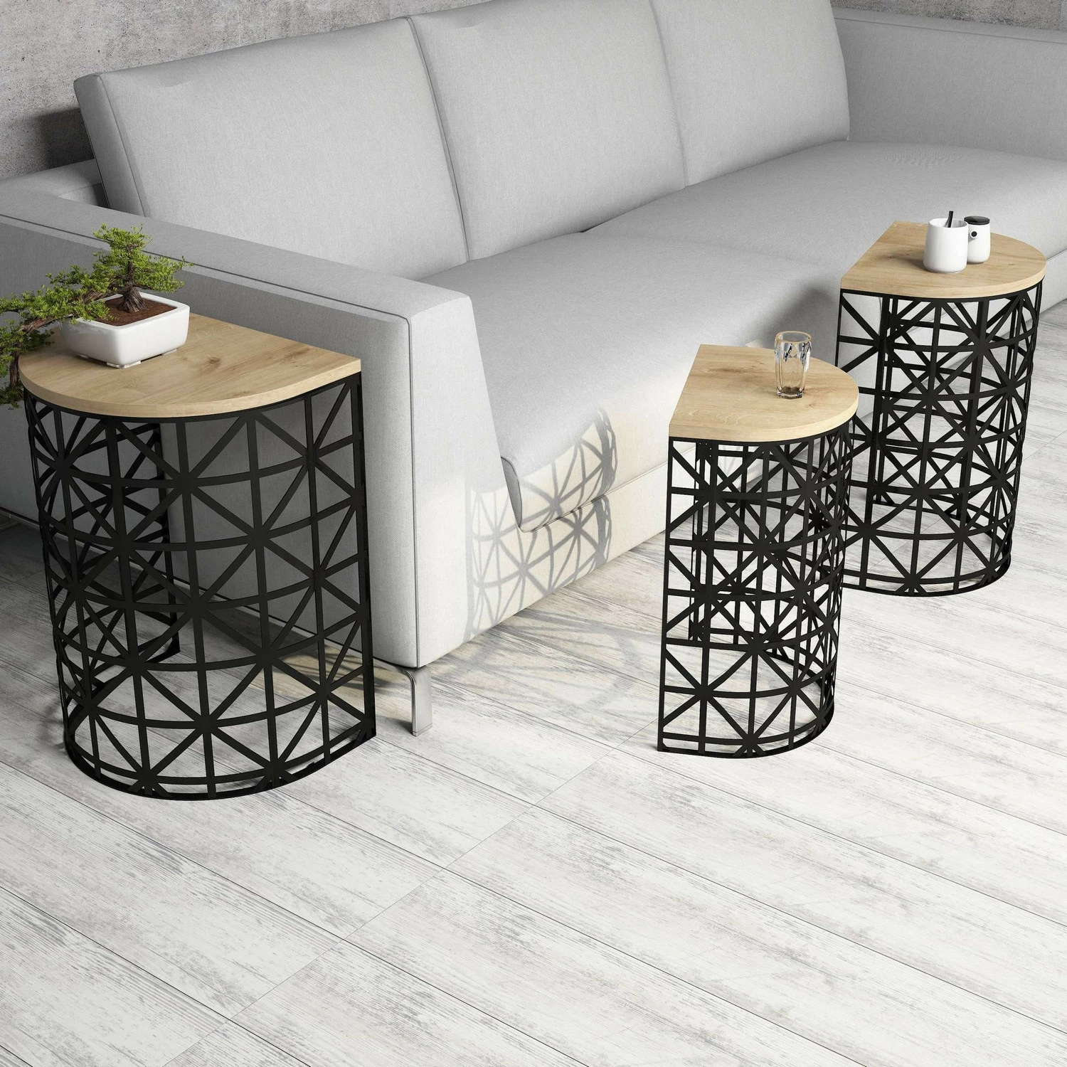 Set tavolinash ndihmëse të vendosshme, 3 copë, ngjyrë lisi dhe e zezë, Skye Decor