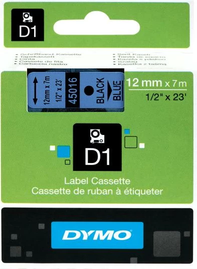 Kasetë etiketuese Dymo D1 45016, 12mm x 7m, zi mbi blu