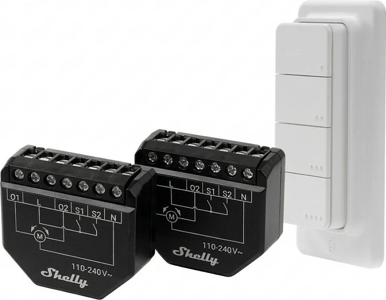 Relé smart Shelly Shutter x2 + Shelly BLU RC Button 4, 110-240V, për roleta/perde, e zezë/bardhë