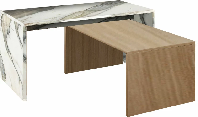 Tavolinë kafeje Tunusia, ngjyrë lisi artisan, e bardhë me model mermeri, 90x45x45