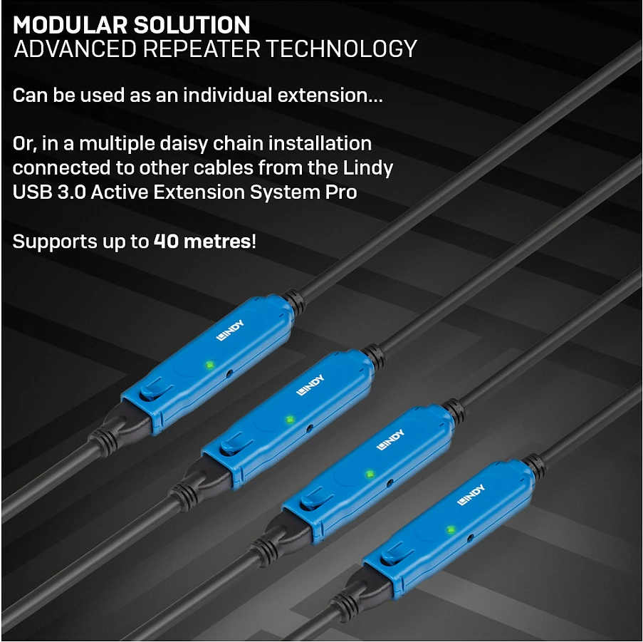 Kabllo zgjatëse aktive USB 3.0 Lindy 10m, USB-A Mashkull në USB-A Femër, 5 Gbps, zezë/kaltër
