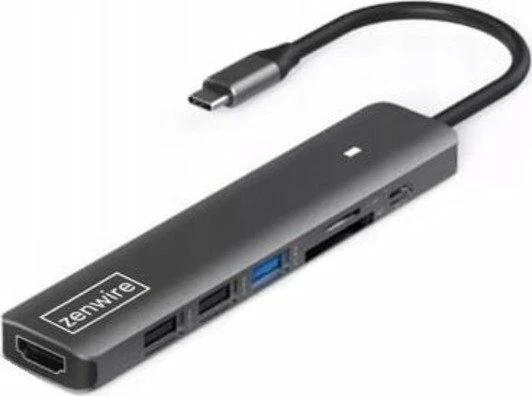 Adapter USB-C 7-në-1 Zenwire 0000000321 me HDMI, USB 3.0, 2x USB 2.0, lexues SD/microSD, Power Delivery, gri