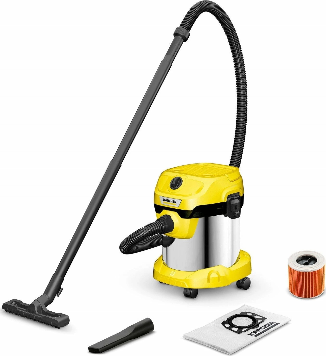 Fshesë me korrent industriale Karcher WD 2 Plus S V-15/4/18/C, 1000 W, depo 15 L, thithje e thatë/lagësht, e verdhë/argjend, set me aksesorë