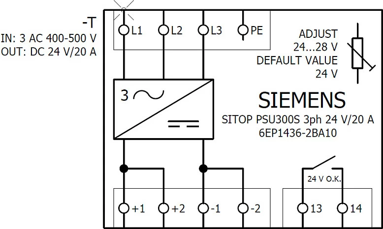 Furnizues energjie Siemens SITOP PSU300S 6EP1436-2BA10, 24V DC 20A, hyrje 3-fazore 400–500VAC, gri