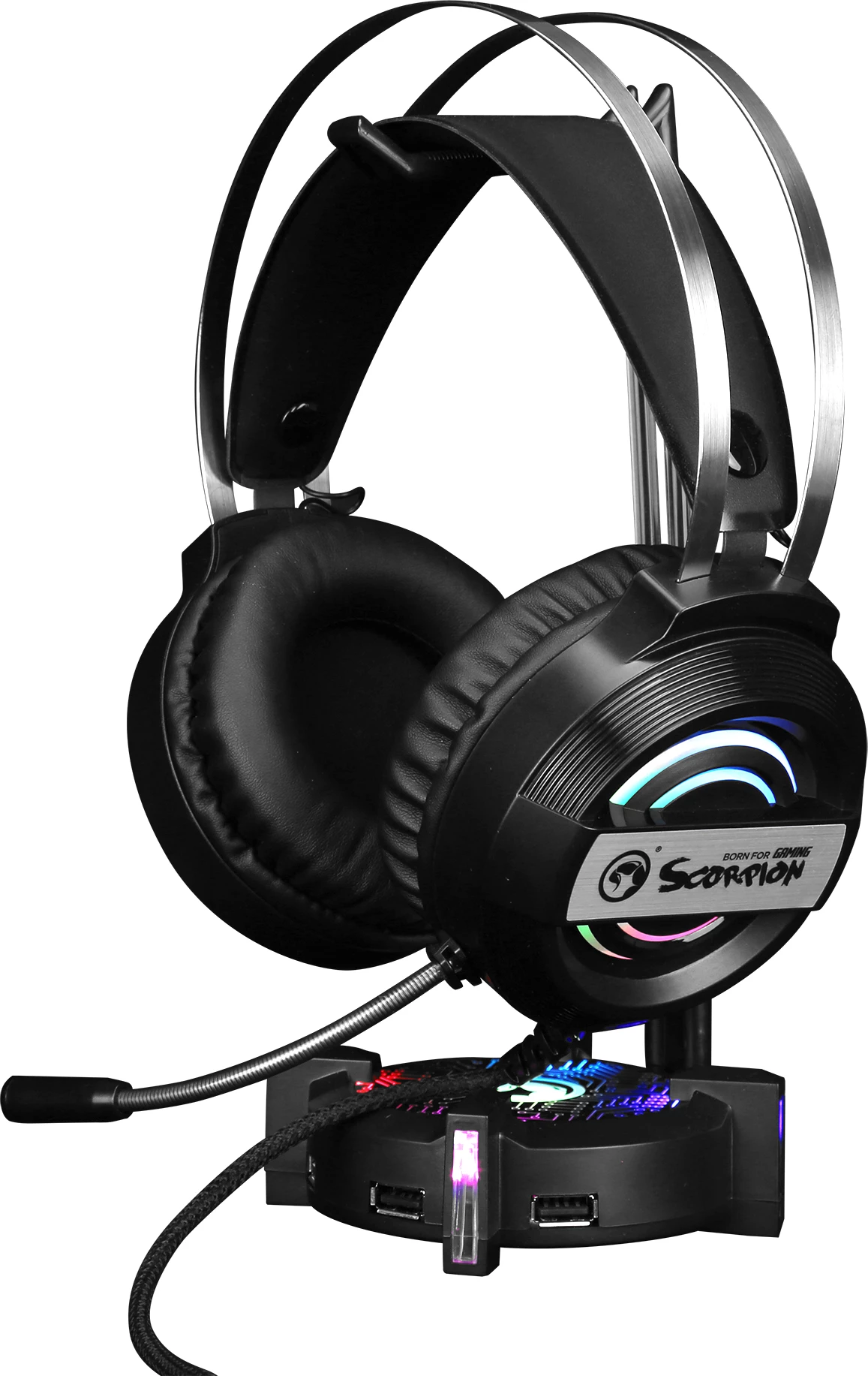 Mbajtëse për kufje Marvo HZ-04, RGB, hub 4x USB 3.0, e zezë