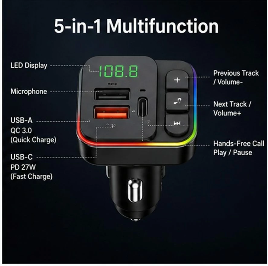 Karikues Makine YUSK YFM03 5-në-1 me Bluetooth 5.3, FM Transmitter dhe 27W PD