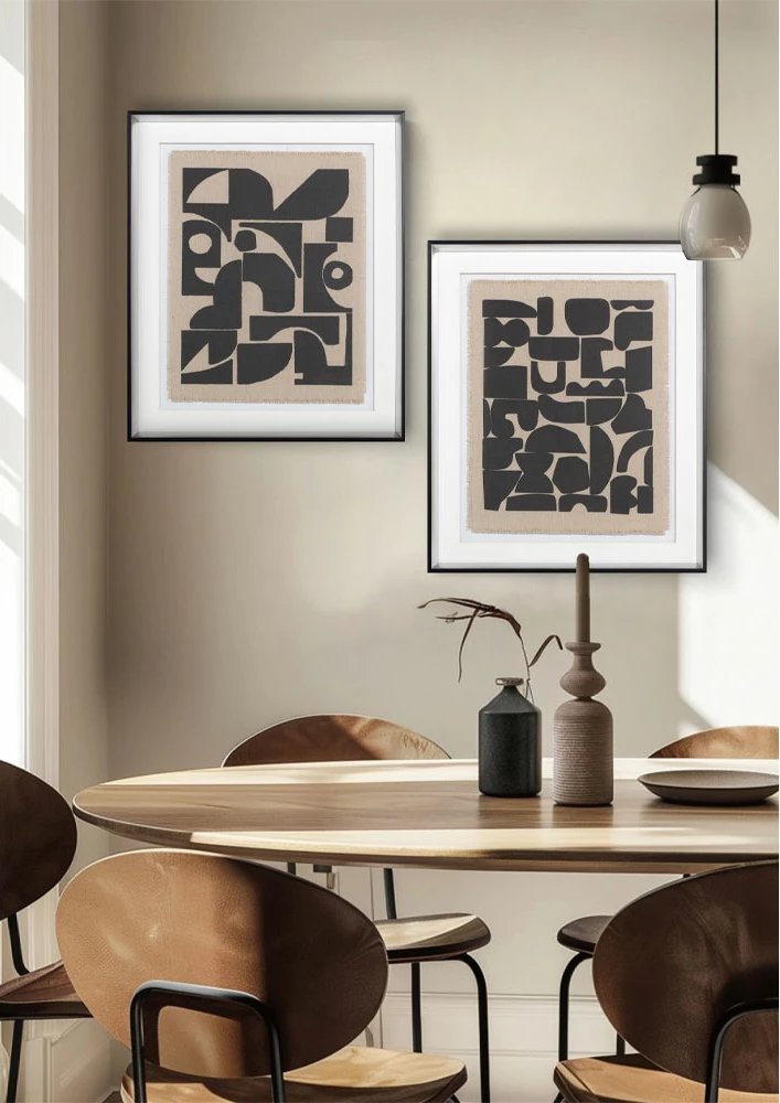 Pikturë dekorative abstrakte, xham, kornizë druri e zezë, 50x60x4cm