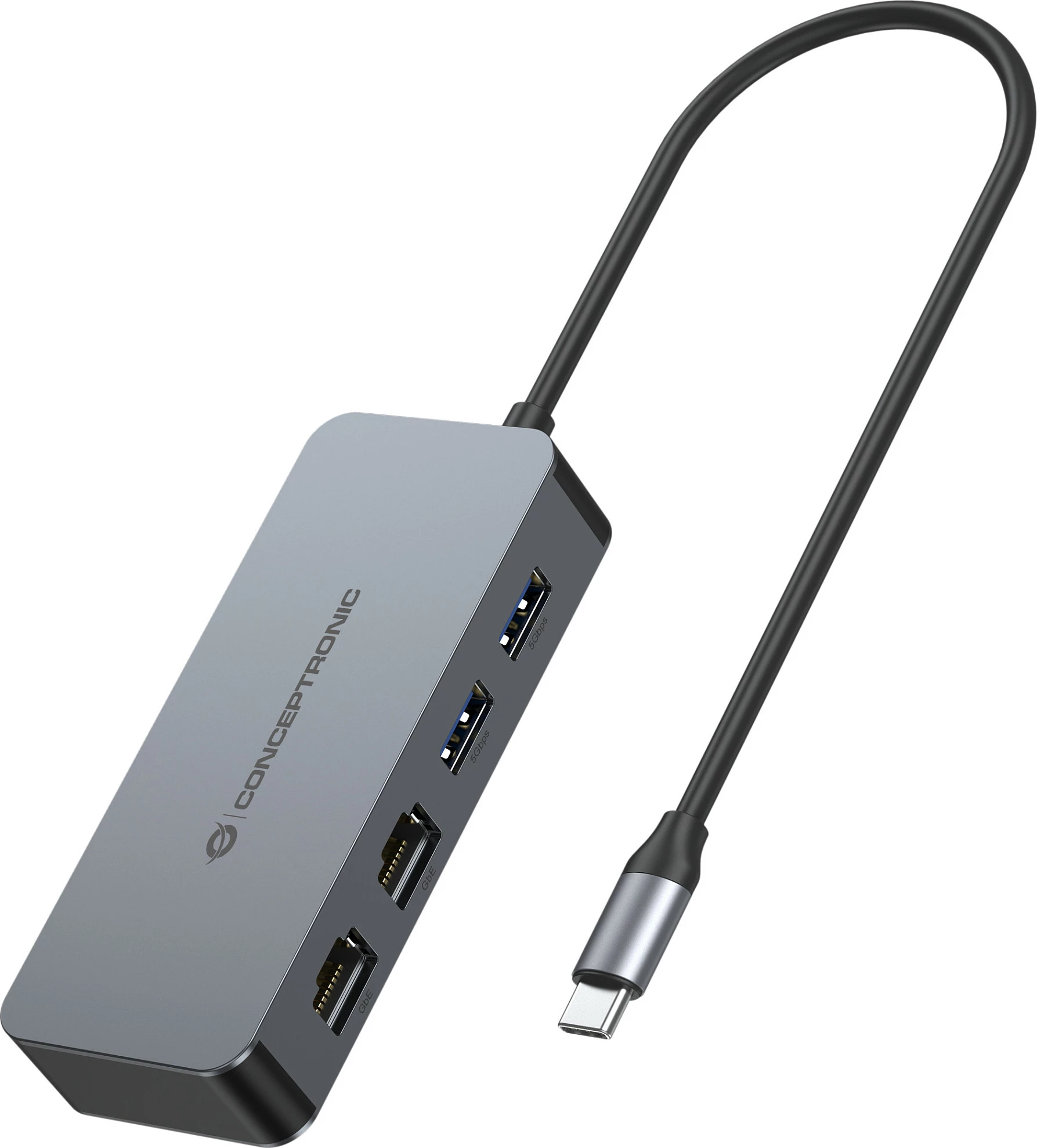 Adapter USB-C Conceptronic, 2xGbE + 2xUSB-A 3.2, 0.30m, gri