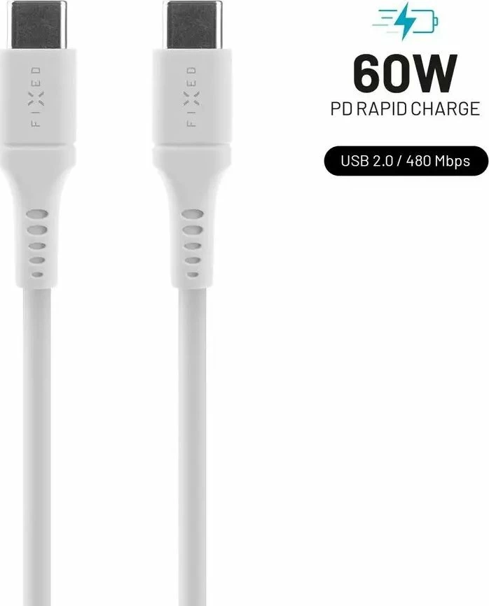 Kabllo USB-C në USB-C Fixed FIXDLS-CC12-WH 1.2 m PD 60W e bardhë, me organizer ngjitës dhe shirit Velcro