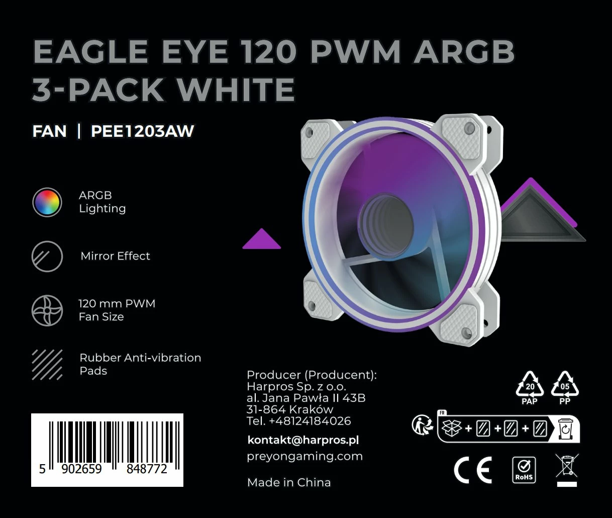 Ventilator kasë PC PREYON Eagle Eye 120mm PWM ARGB, 3 copë, i bardhë