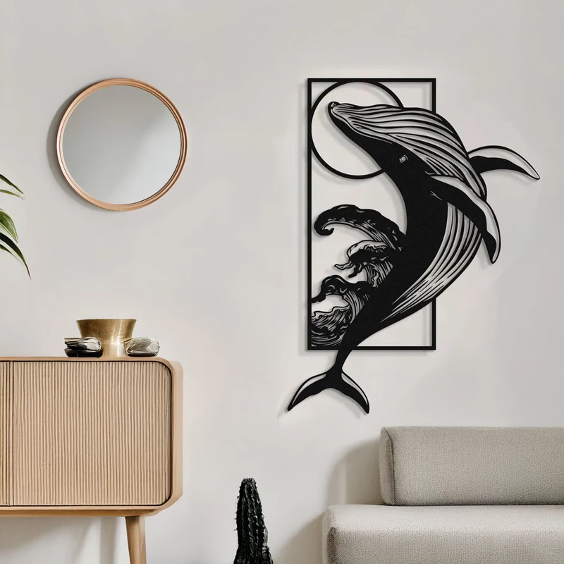 Dekor muri balenë, metal i zi, 38x1.5x50cm