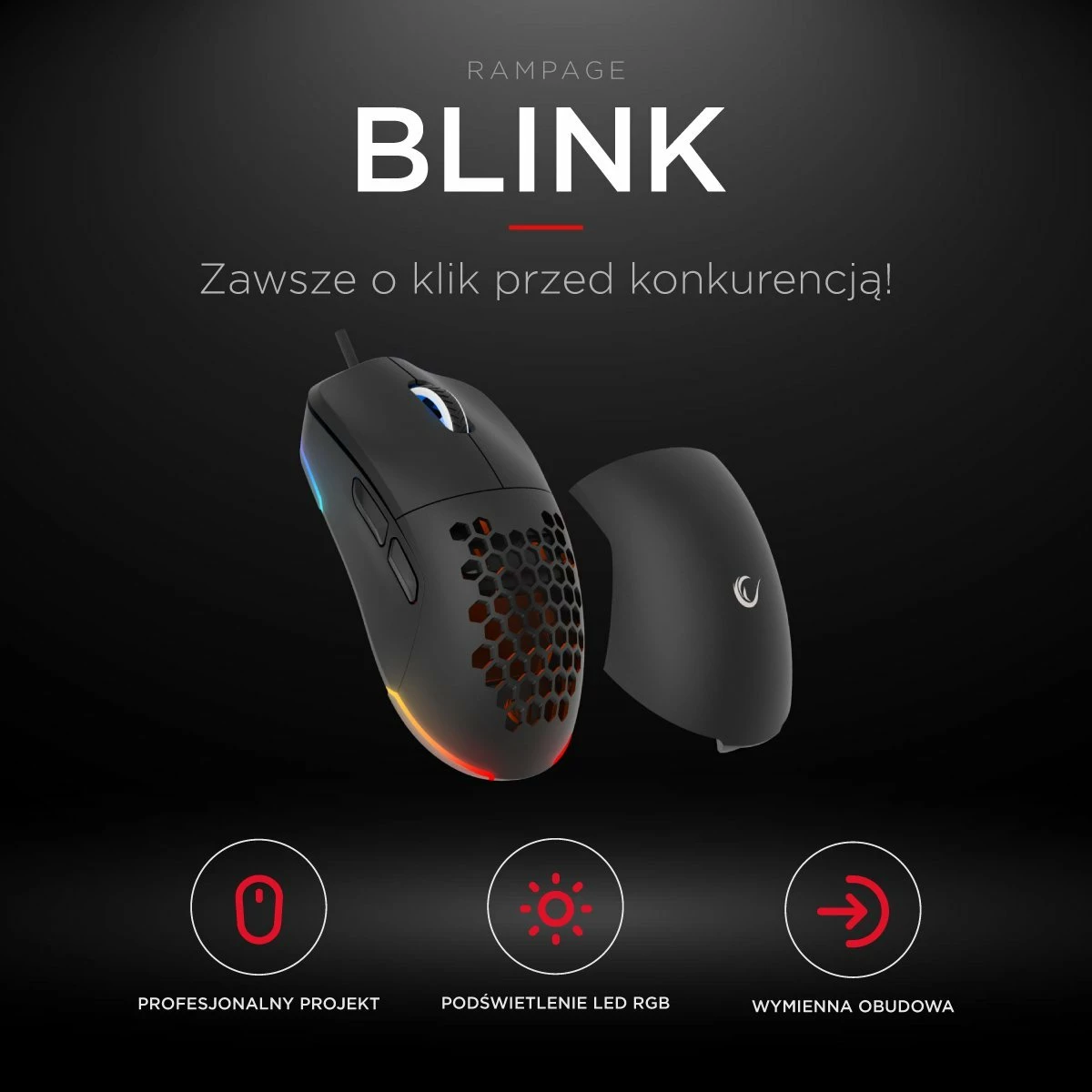 Maus gaming Rampage Blink (BLINK-BLACK) 12800 DPI RGB USB me kabllo, i zi, me kapakë ndërrues