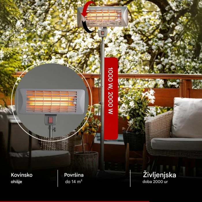 Ngrohës halogjen në këmbë CAMRY CR7737 2000W, IP24, lartësi e rregullueshme 157–202 cm, gri