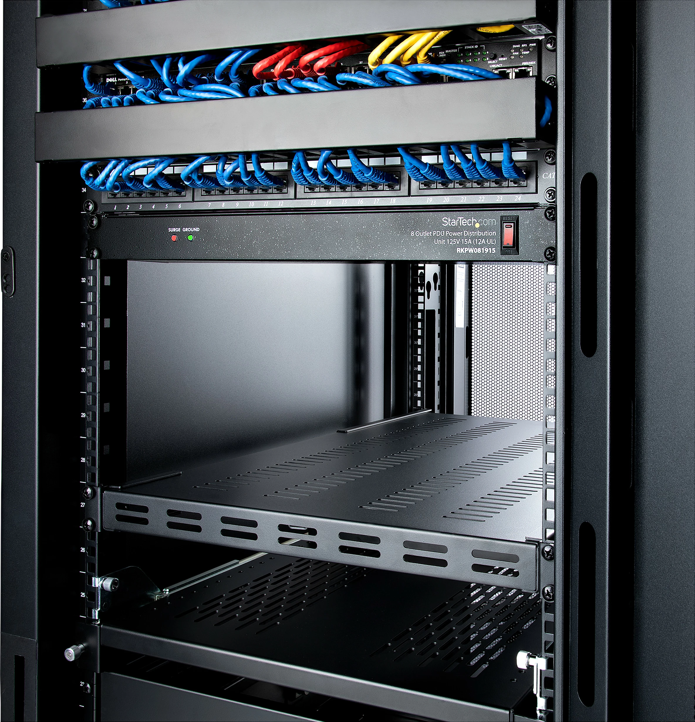 Raft i rregullueshëm për rack serveri StarTech ADJSHELFHDV, 1U, 4-post, i ventiluar, 150 kg, 49.5-97.4 cm, i zi