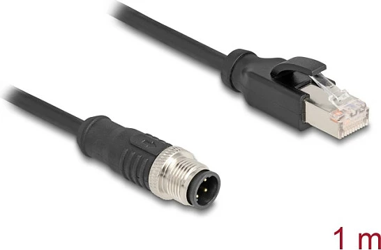 Kabllo Ethernet industriale DeLOCK M12 D-coded 4-pin në RJ45, Cat5e, 1 m, S/FTP, e zezë