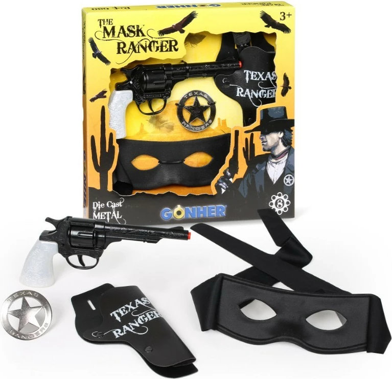 Set kauboji Pulio Gonher me maskë, revole metalike dhe aksesorë, i zi