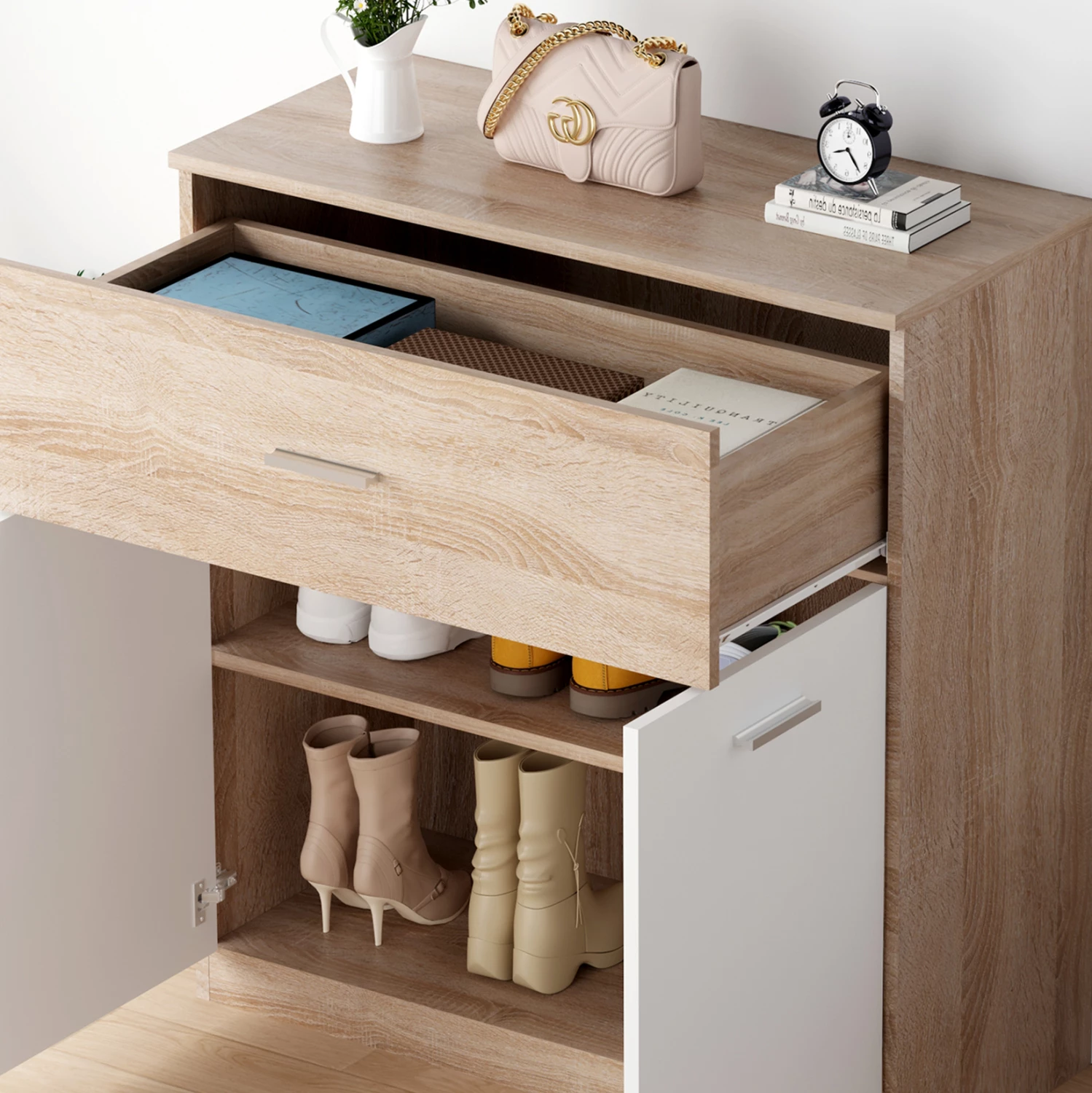 Dollap këpucësh me sirtar, DIONNE, melaminë, ngjyrë Sonama dhe e bardhë, 80x35x84H cm