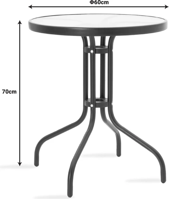 Tavolinë me karrige për terasë, 3 pjesë, ngjyrë e zezë, metal-xham, D60x70cm