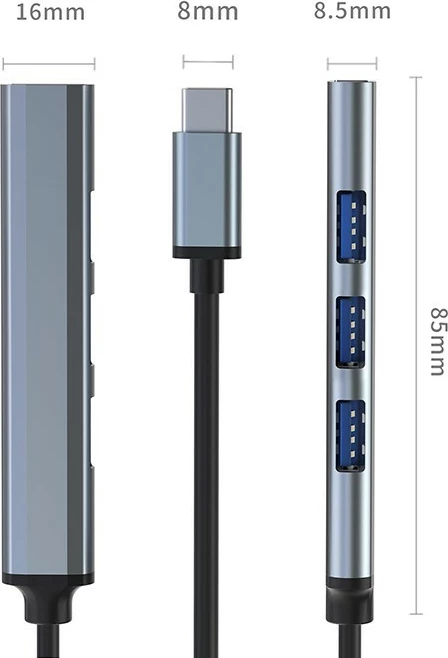 HUB USB-C Qoltec 53792, 4 porte (1x USB 3.0, 3x USB 2.0), grafit