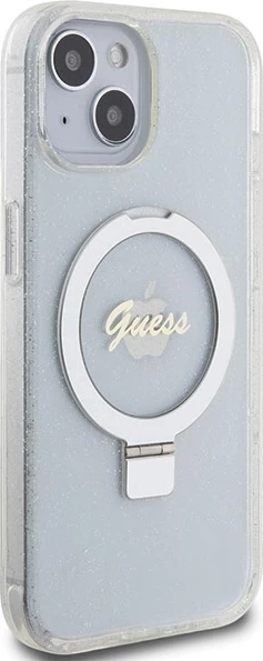 Mbështjellës Guess Ring Stand Script Glitter MagSafe për iPhone 15/14/13, transparent