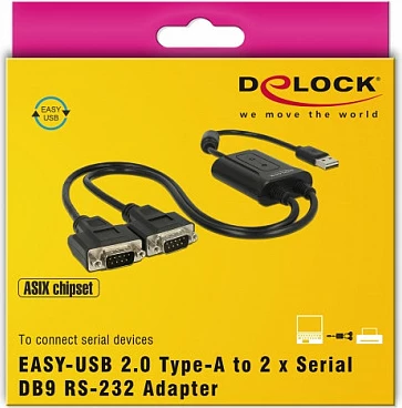 Kabllo adapter USB-A në 2x RS-232 DB9 DeLOCK 63950, 0.6m, e zezë