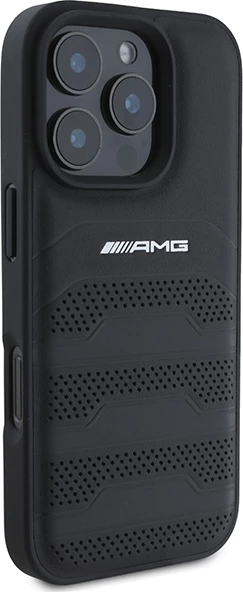 Mbështjellës Mercedes AMG për iPhone 16 Pro Max, lëkurë, i zi