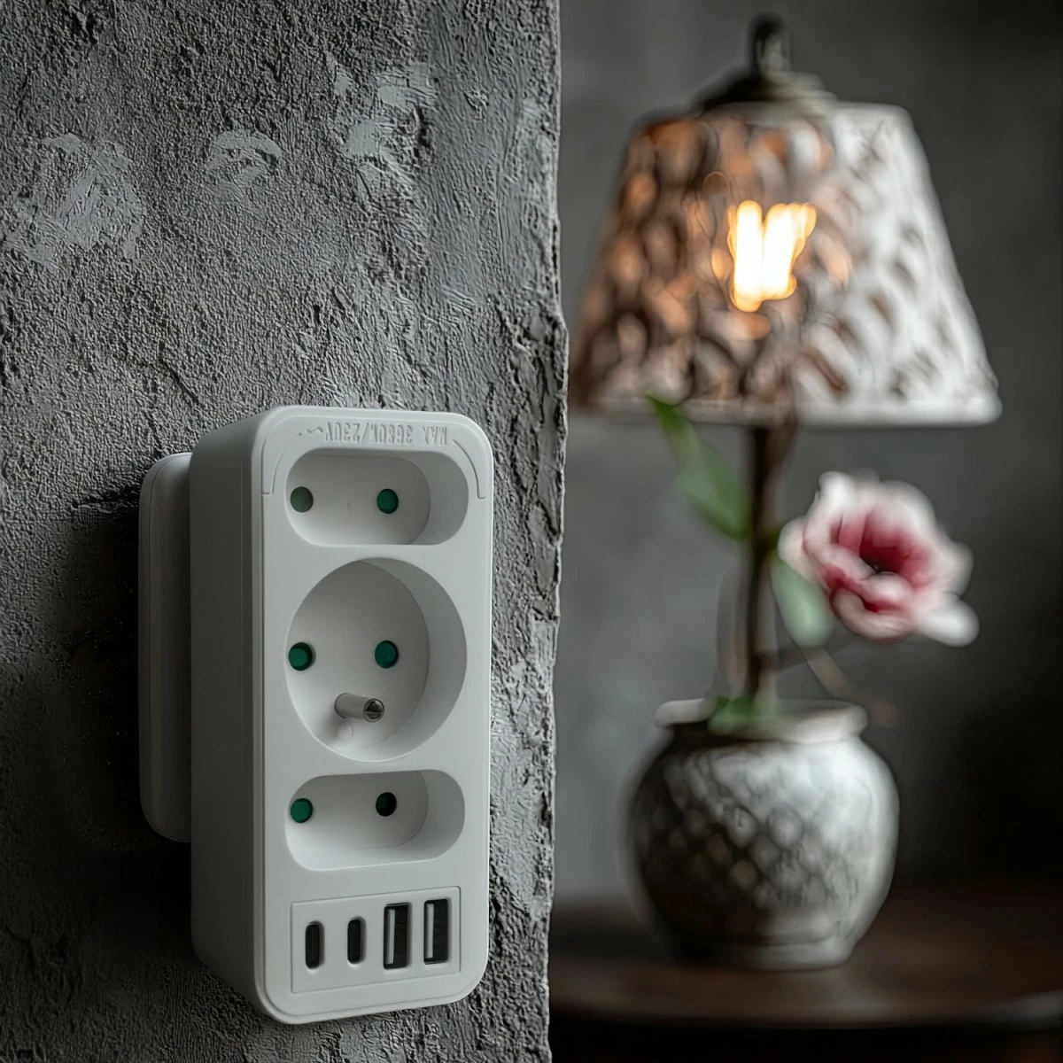 Ndarës prizash Maclean MCE248 F/W, 3 dalje (2 të sheshta + 1 me tokëzim), 2xUSB-A 18W, 2xUSB-C PD 20W, e bardhë