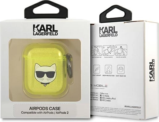 Mbështjellës Karl Lagerfeld KLA2UCHFY për AirPods 1/2, Choupette, e verdhë, me unazë