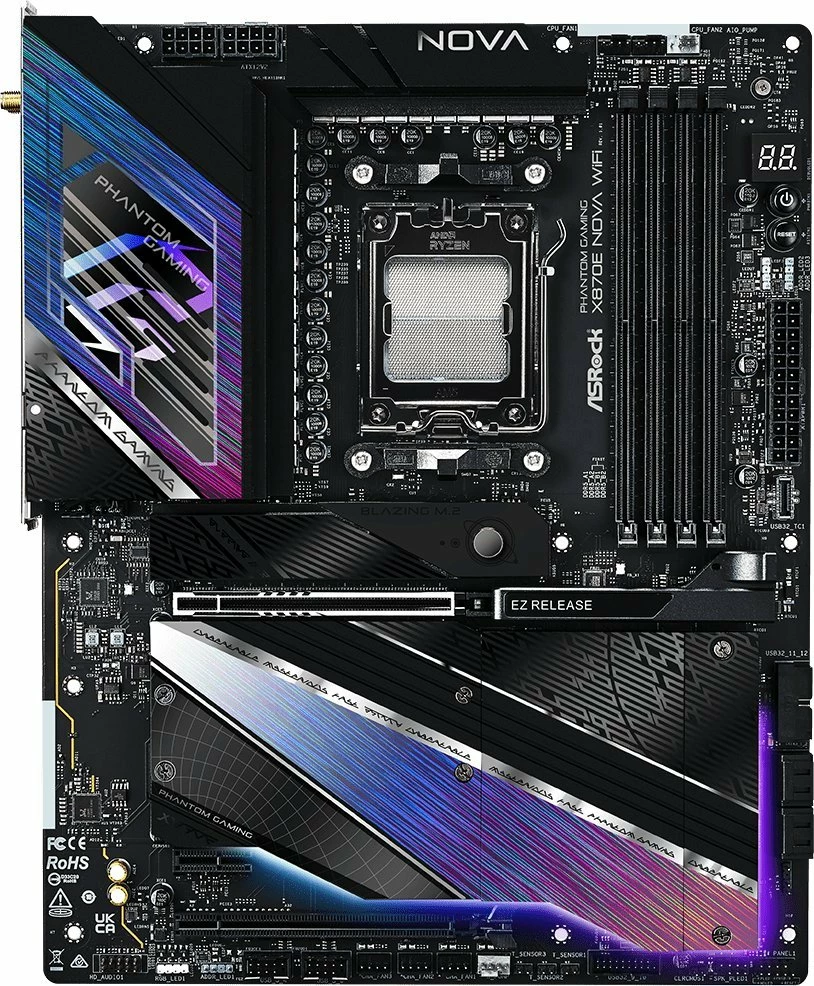 Pllakë amë ASRock X870E Nova WiFi Phantom Gaming ATX DDR5 256GB Wi‑Fi 7 USB4, e zezë/vjollcë, me antenë Wi‑Fi dhe kabllo SATA