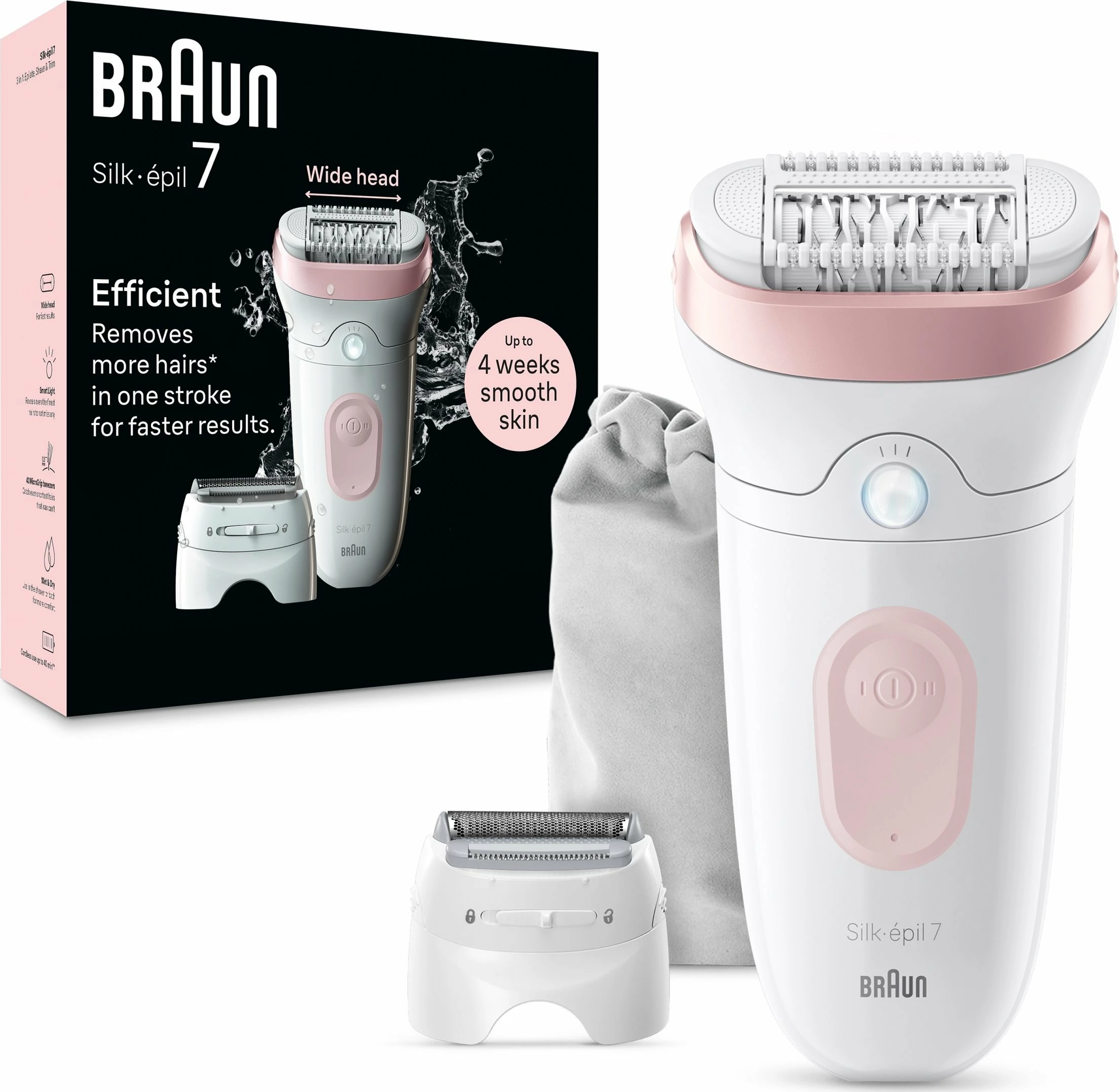 Epilator Braun Silk-epil 7 7-030, bateri 40 min, Wet & Dry, MicroGrip, 2 shpejtësi, bardhë/rozë