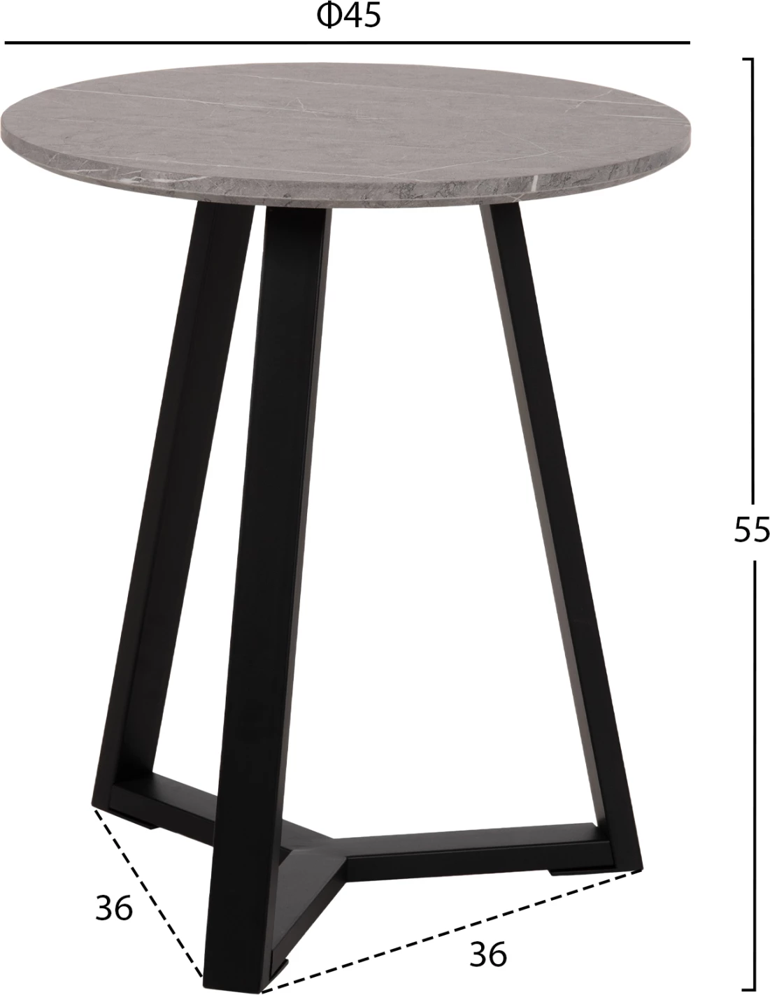 Tavolinë anësore FH9587.02 MDF mermer gri-bazë metalike e zezë Φ45x55Hcm