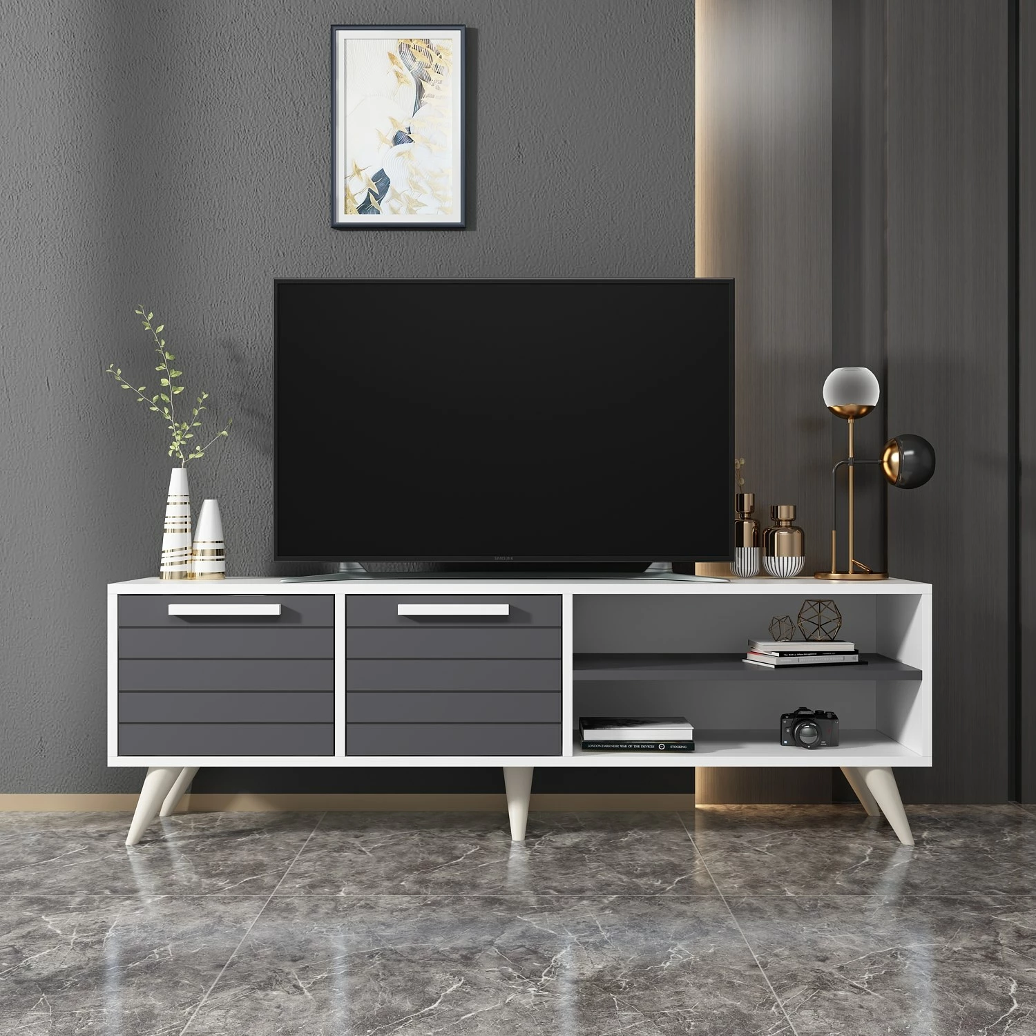 Komodë TV Skye Decor, e bardhë, antracit